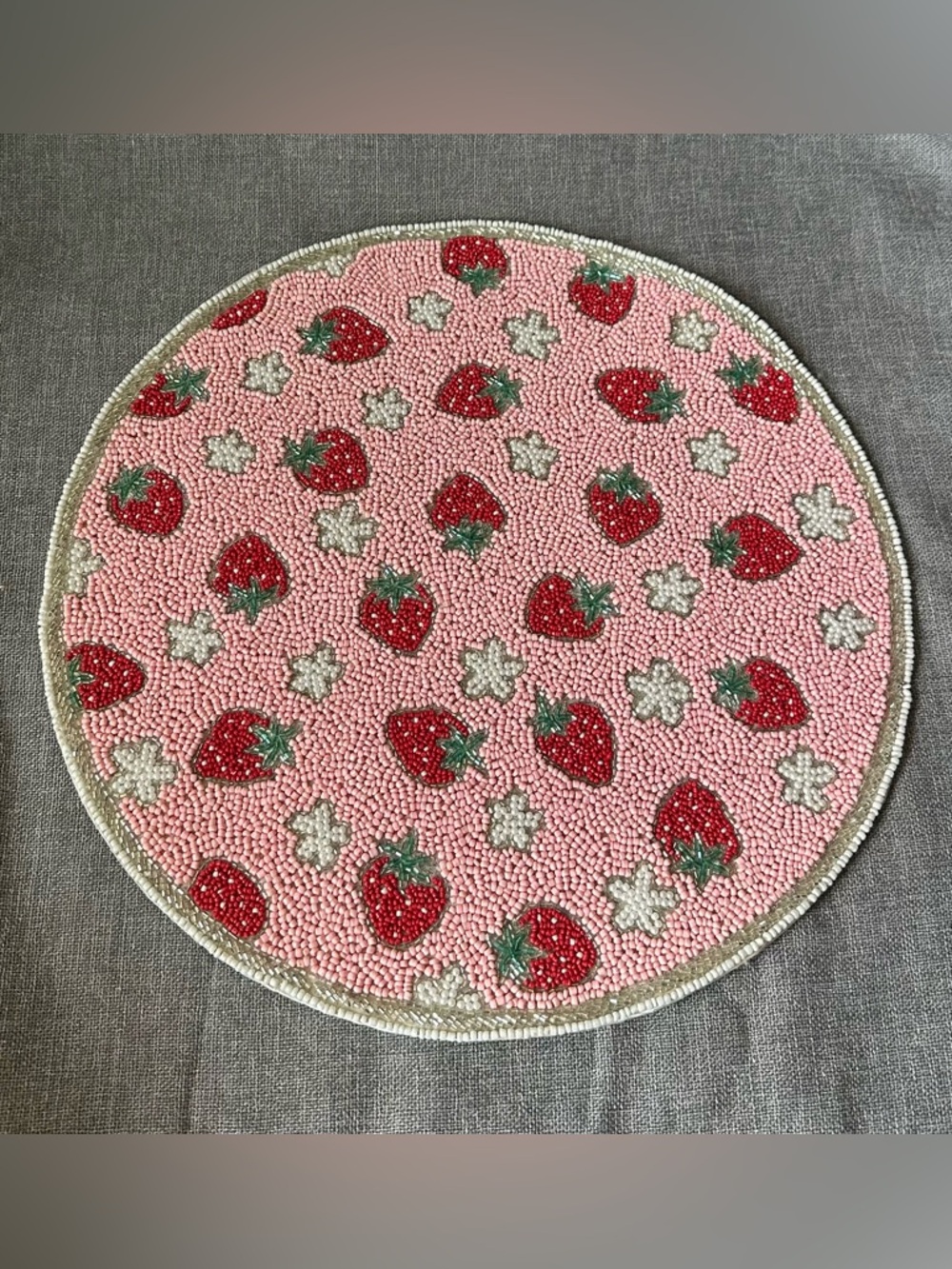 Made In India 15” Strawberry Round Beaded Pink Placemat